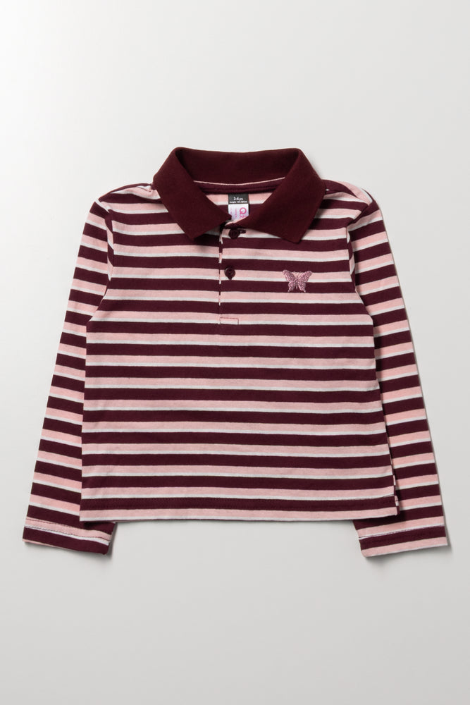 Stripe Golfer Long Sleeve Top Burgundy