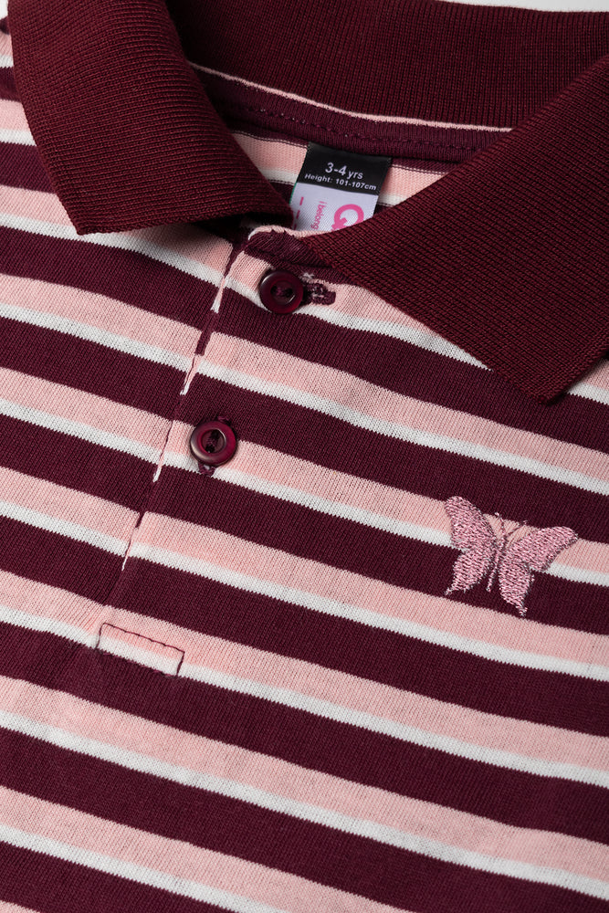 Stripe Golfer Long Sleeve Top Burgundy