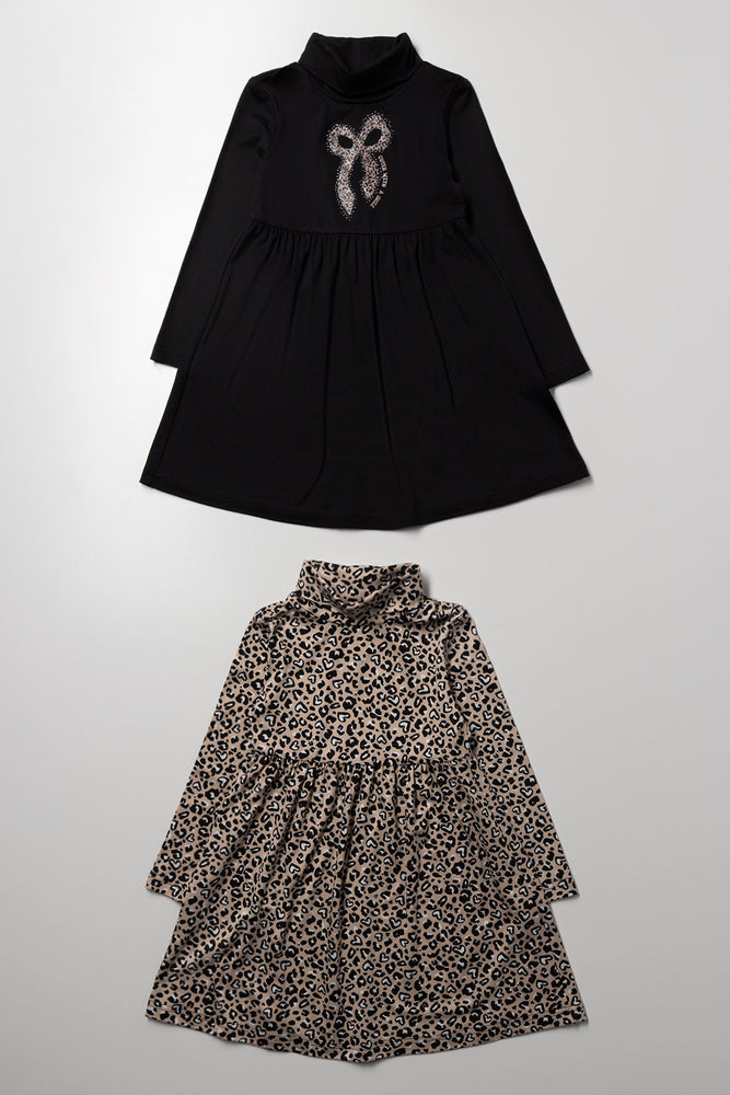 2 Pack Animal Poloneck Dresses Natural And Black