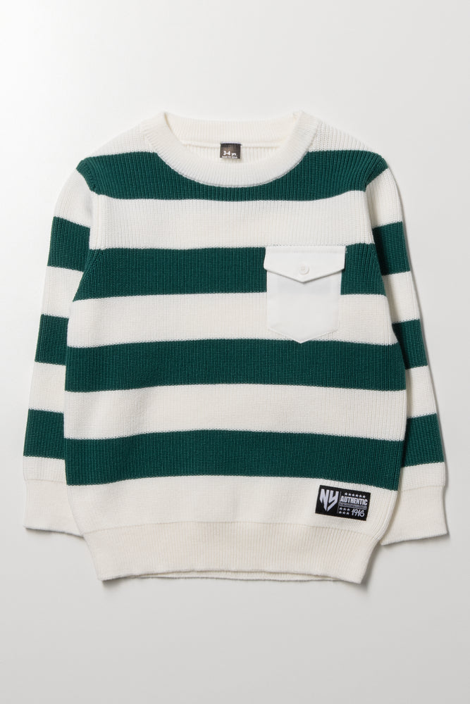 Stripe Crew Neck Pocket Jumper White And Green