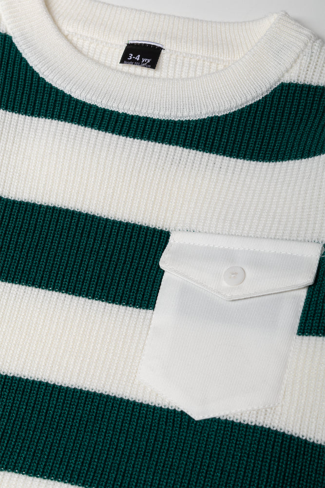 Stripe Crew Neck Pocket Jumper White And Green