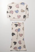 Heart Crew Neck Tracktop And Rib Flare Leggings Set Multicolour