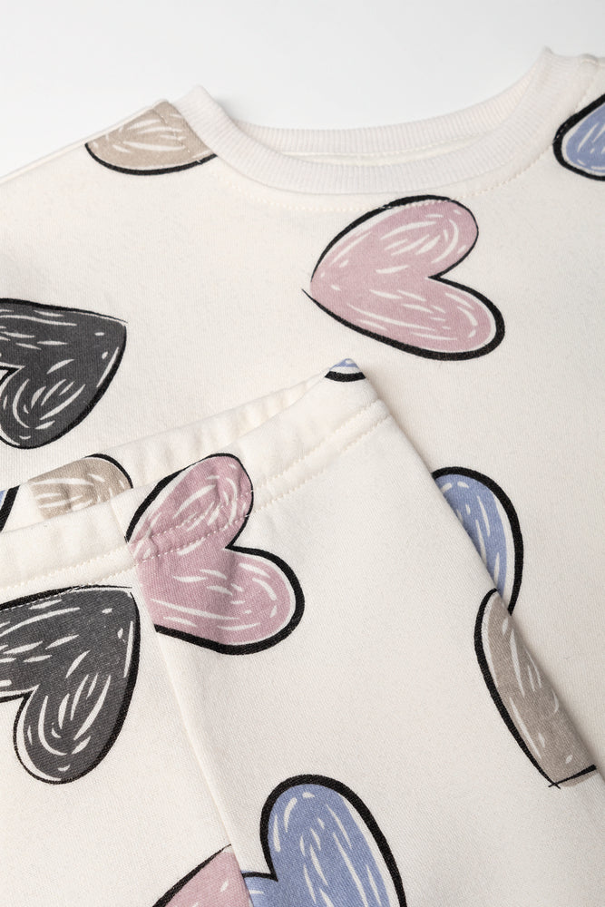 Heart Crew Neck Tracktop And Rib Flare Leggings Set Multicolour