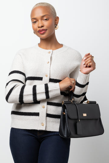 Stripe Long Sleeve Cardigan Black And Natural