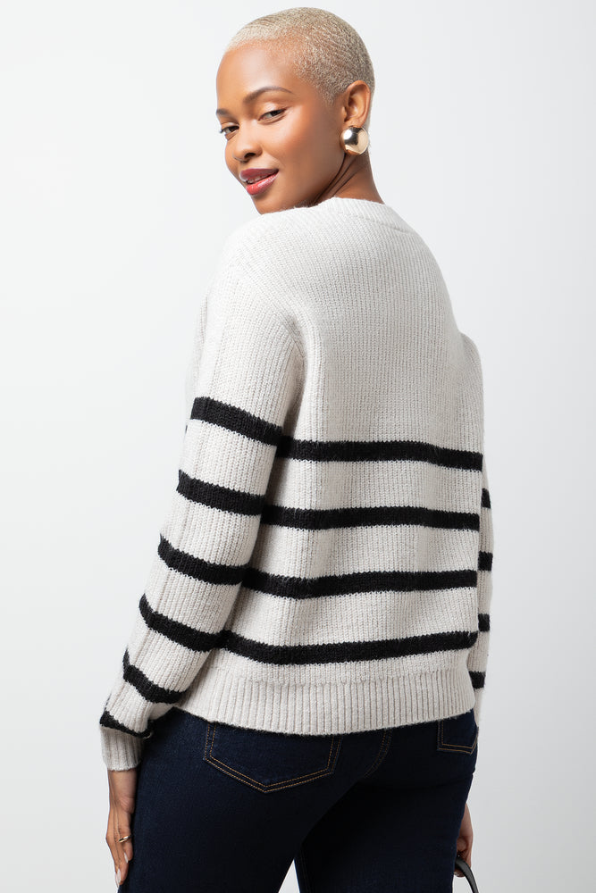 Stripe Long Sleeve Cardigan Black And Natural (2)