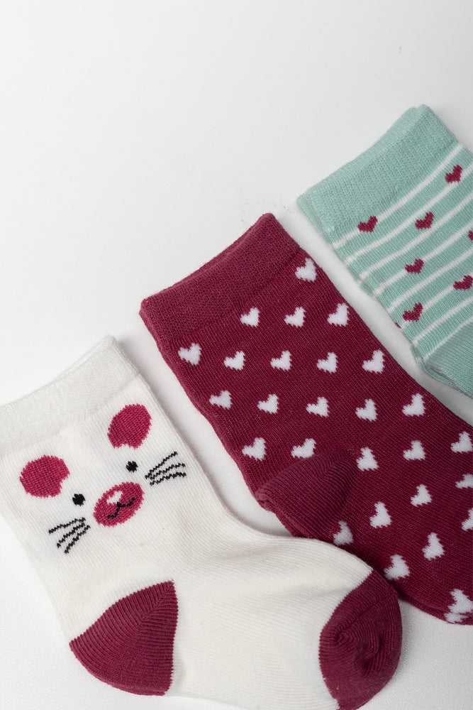 3 Pack Hearts And Mouse Socks Burgundy (1)