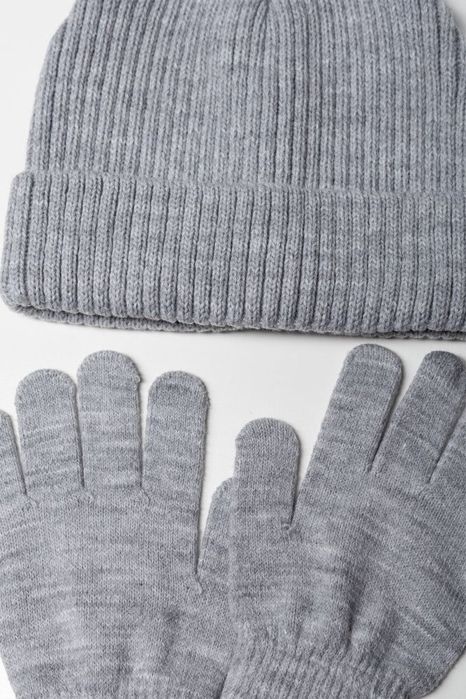 Gloves and Ribbed Beanie Set Grey (1)