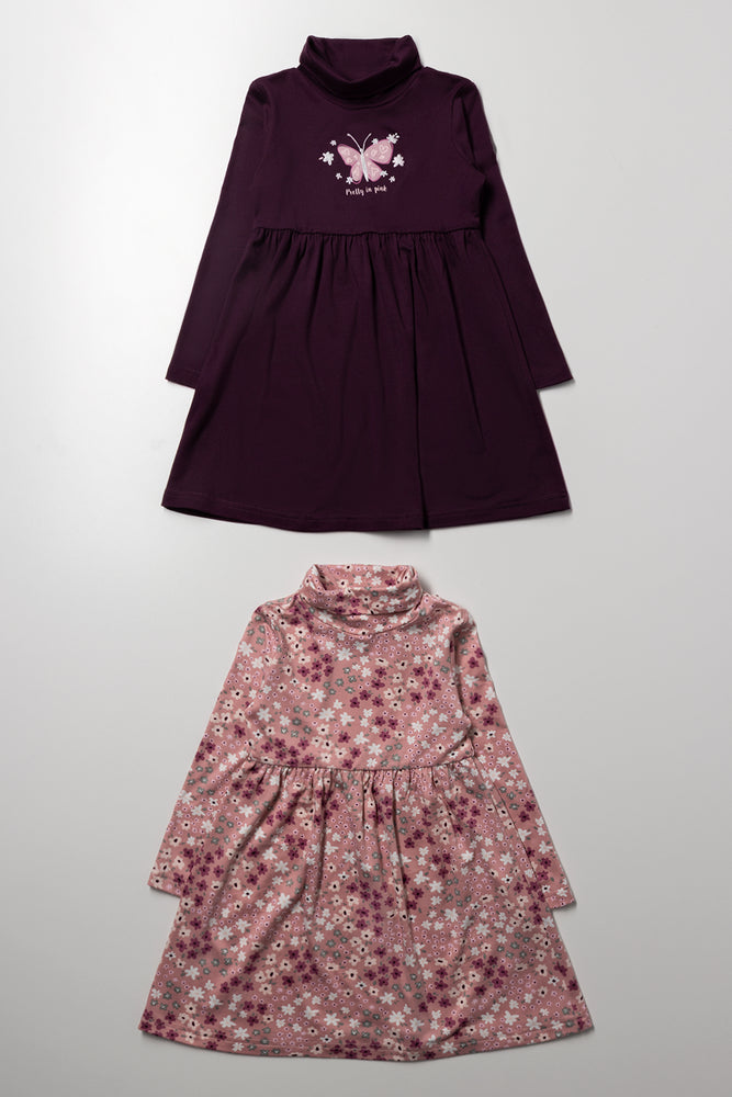 2 Pack Poloneck Dresses Purple And Pink
