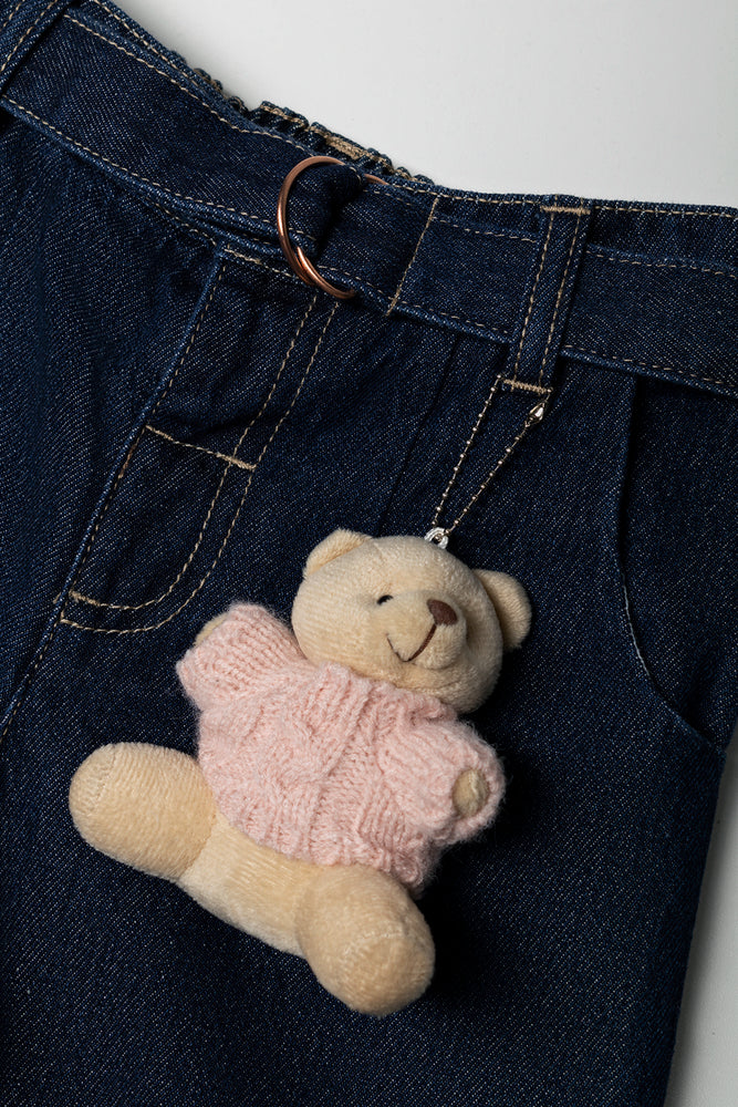 Belted Wide Leg Denim Jeans With Bear Dark Blue
