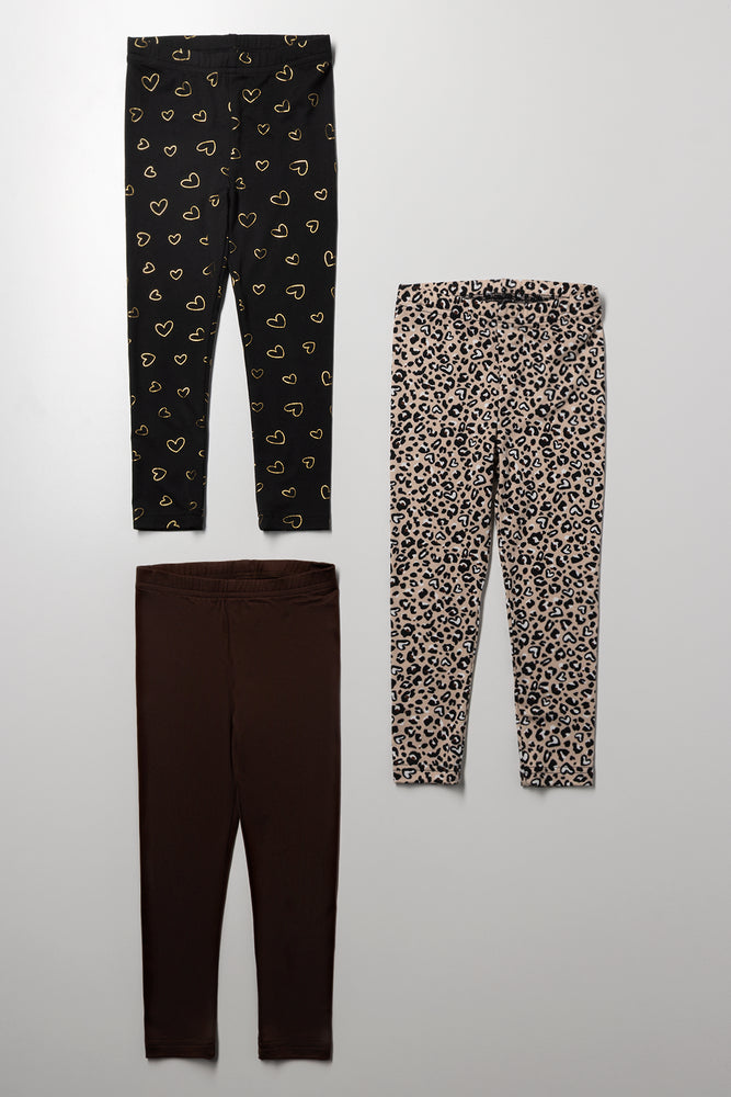 3 Pack Animal Leggings Natural, Brown And Black