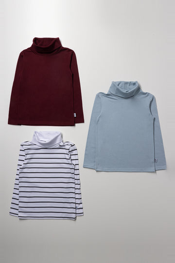 3 Pack Stripe Polonecks Black, Blue And Burgundy