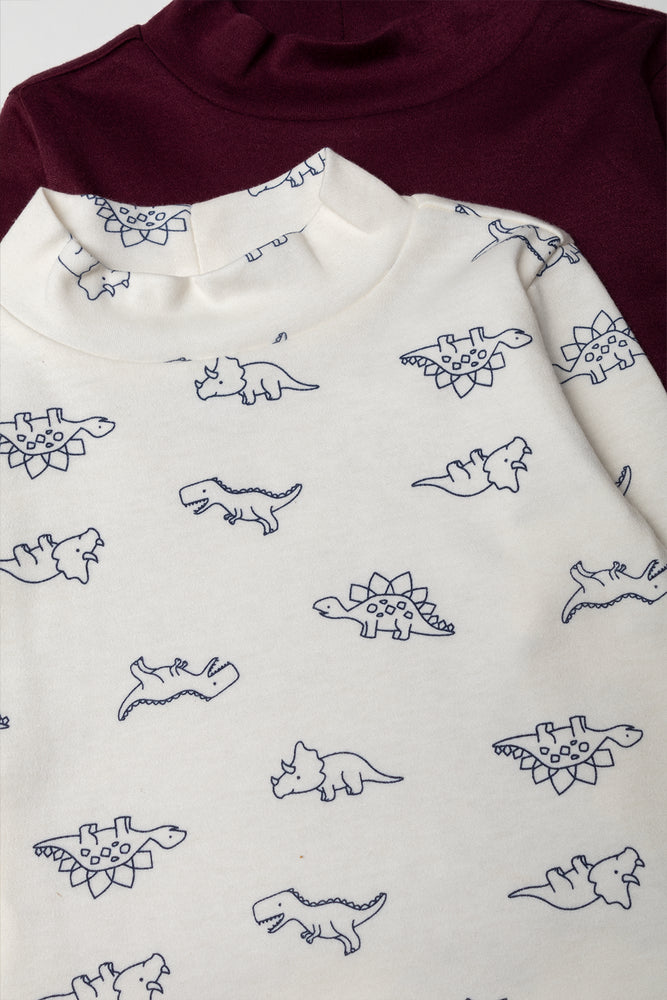 2 Pack Dino Turtle Neck T-Shirts Cream And Burgundy