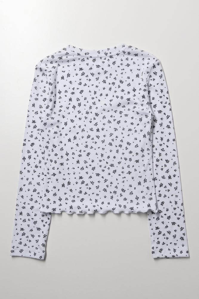 Ditsy Rib Long Sleeve T-Shirt White (2)