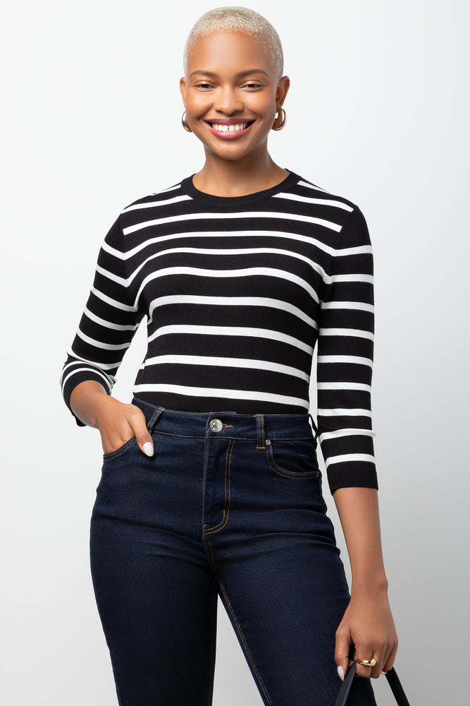 3/4 Sleeve Crewneck Top Black & White