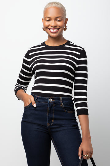 3/4 Sleeve Crewneck Top Black & White