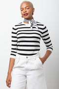 Stripe Quarter Sleeve Crew Neck Knit Top Black And White