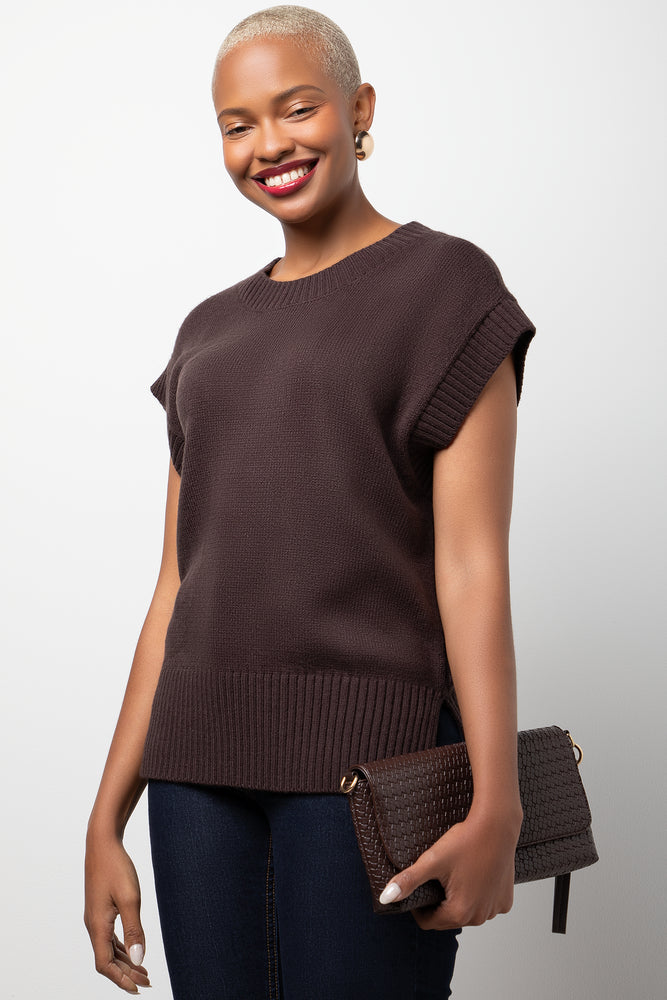 Sleeveless Crew Neck Pullover Brown