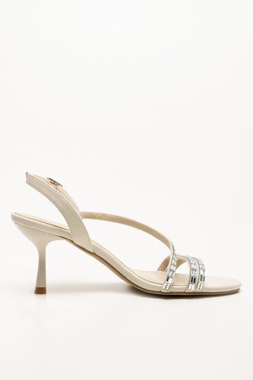 Diamante Assymetrical Heel Sandals Cream