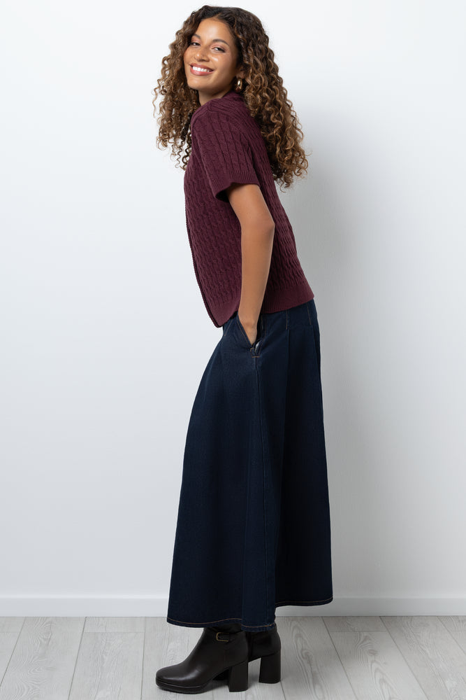 Short Sleeve Cable Cardigan Burgundy (1)