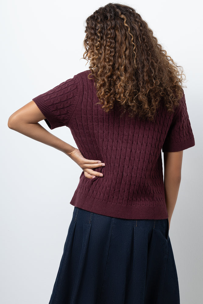 Short Sleeve Cable Cardigan Burgundy (2)
