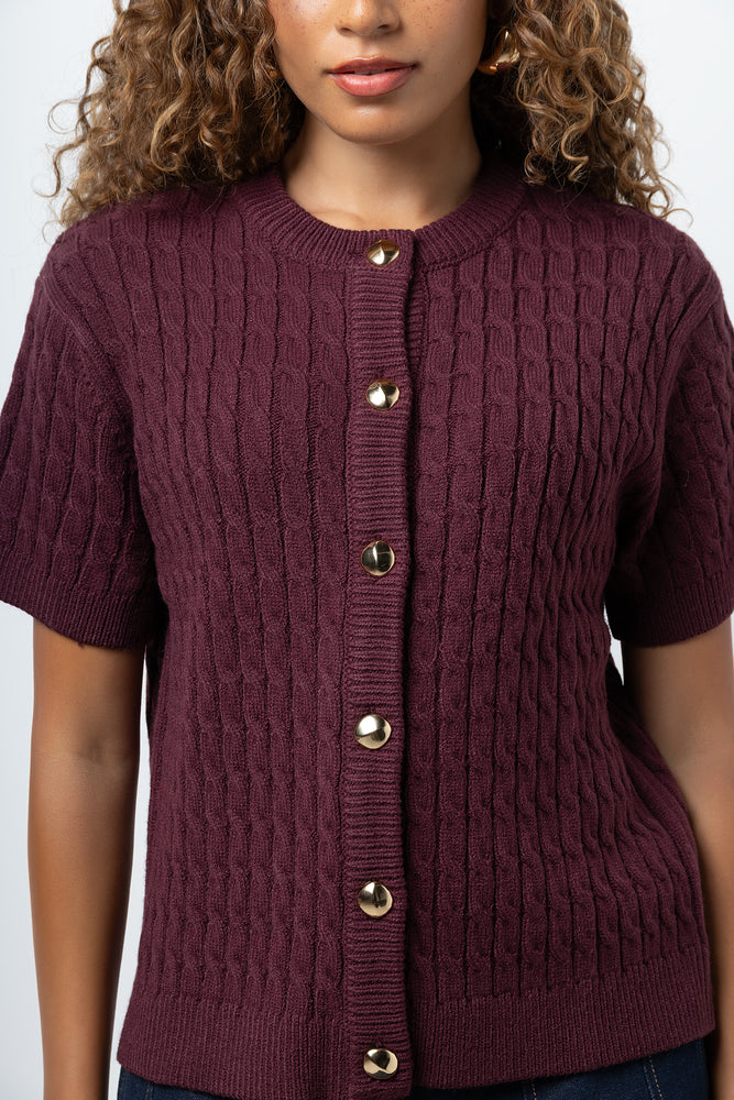 Short Sleeve Cable Cardigan Burgundy (3)