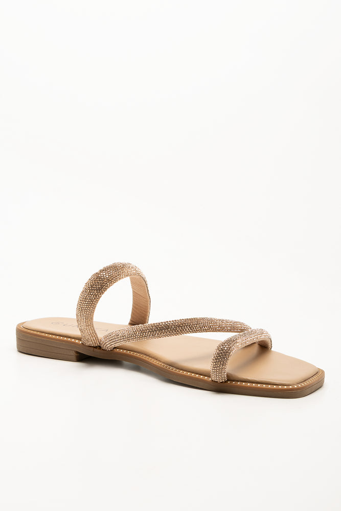 Asymmetrical Diamante Sandals Tan (1)