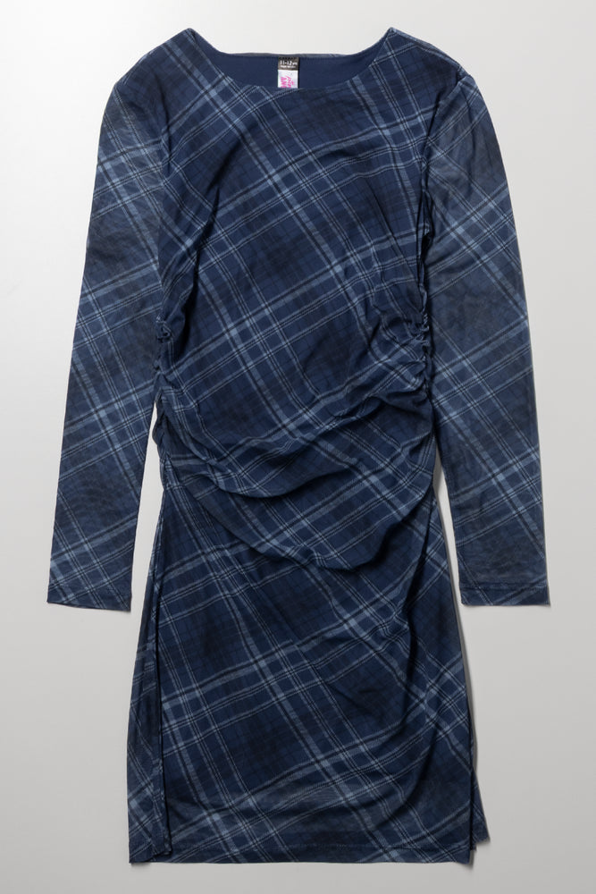 Long Sleeve Mesh Rouched Dress Blue