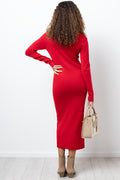 Rib Long Sleeve Johnny Collar Bodycon Dress Red (2)