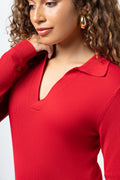 Rib Long Sleeve Johnny Collar Bodycon Dress Red (3)