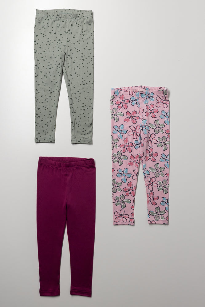 3 Pack Floral Leggings Pink And Light Grey