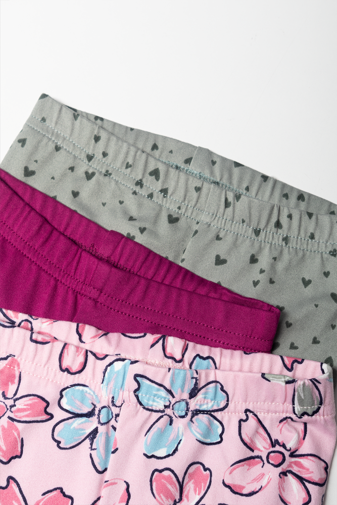 3 Pack Floral Leggings Pink And Light Grey