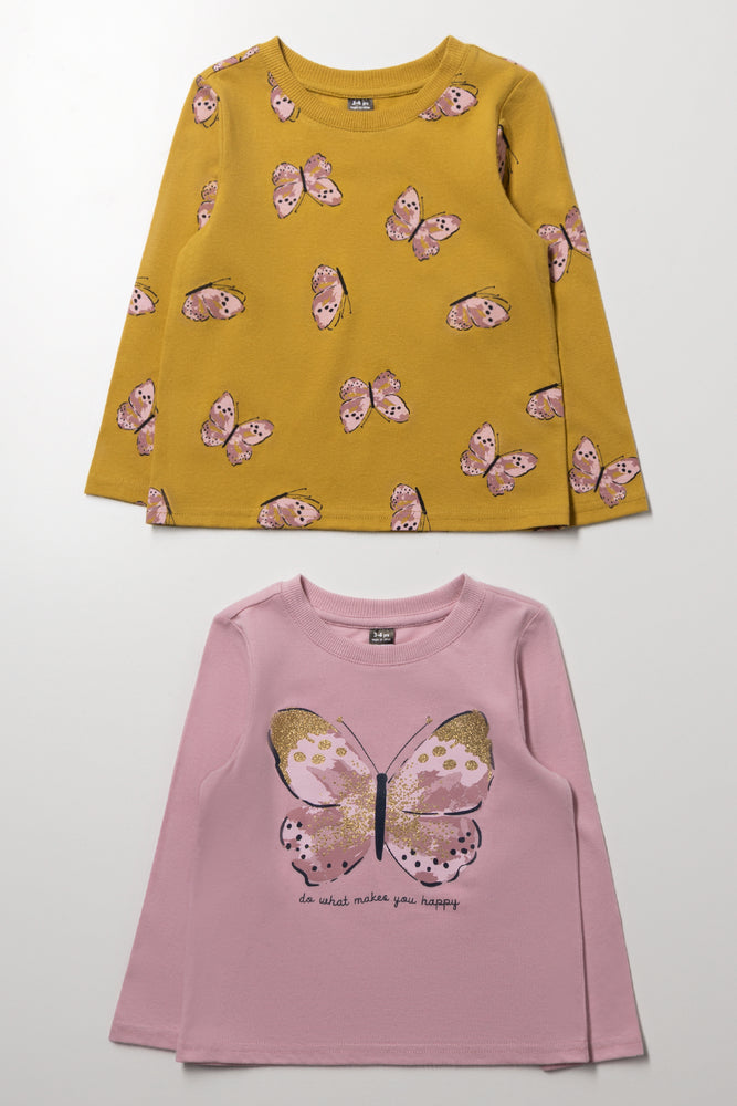 2 Pack Butterfly Long Sleeve T-Shirts Pink And Dark Yellow