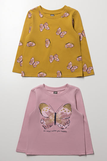 2 Pack Butterfly Long Sleeve T-Shirts Pink And Dark Yellow