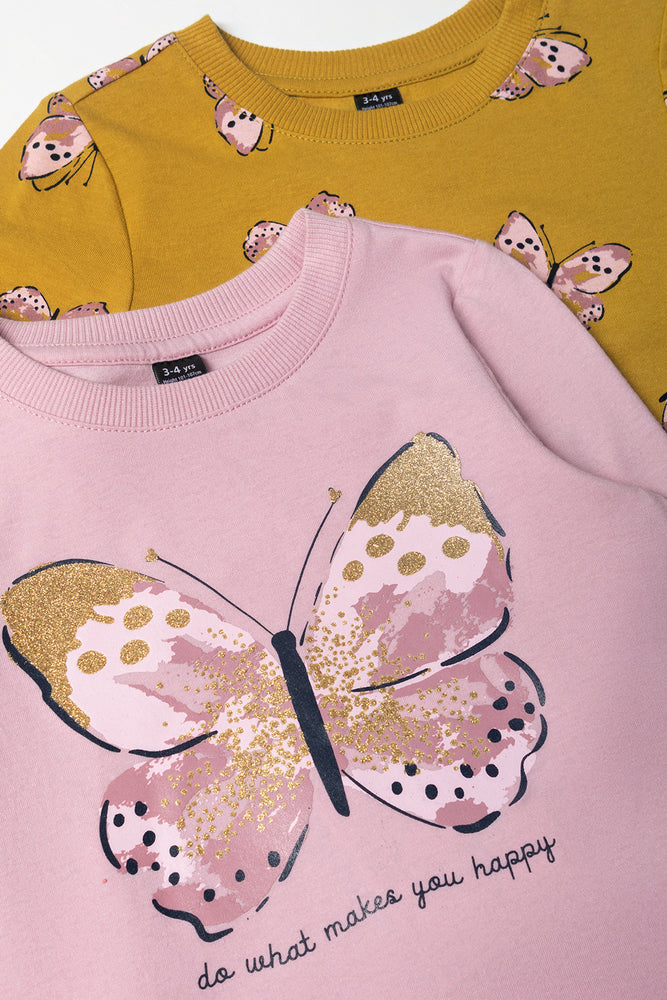 2 Pack Butterfly Long Sleeve T-Shirts Pink And Dark Yellow (1)