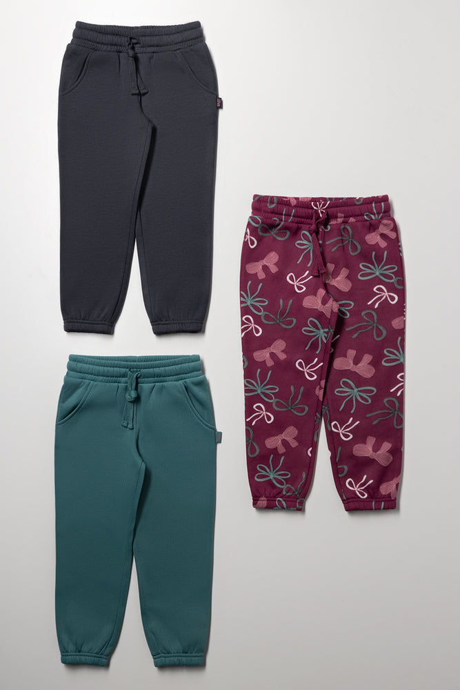 3 Pack Bow Trackpants Dark Grey, Teal And Plum