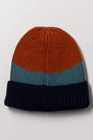 Stripe Rib Beanie Navy, Teal And Rust