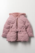 Hooded Parka Jacket With Bow Belt Pink