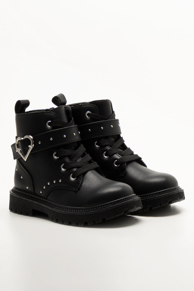 Heart Studded Lace Up Boots Black