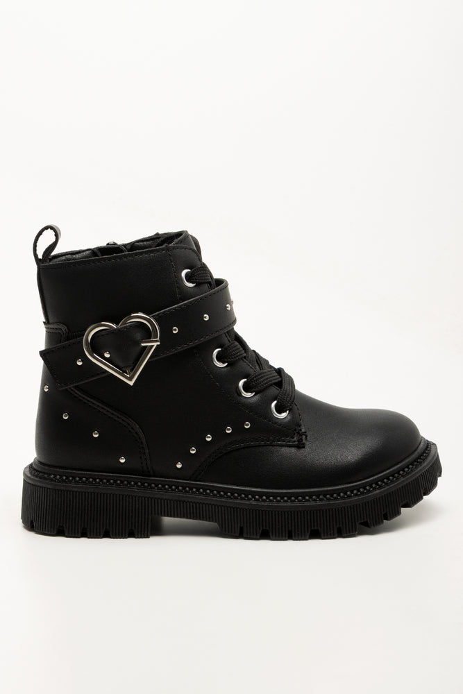 Heart Studded Lace Up Boots Black (1)