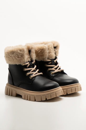 Fur Trim Lace Up Boot Black
