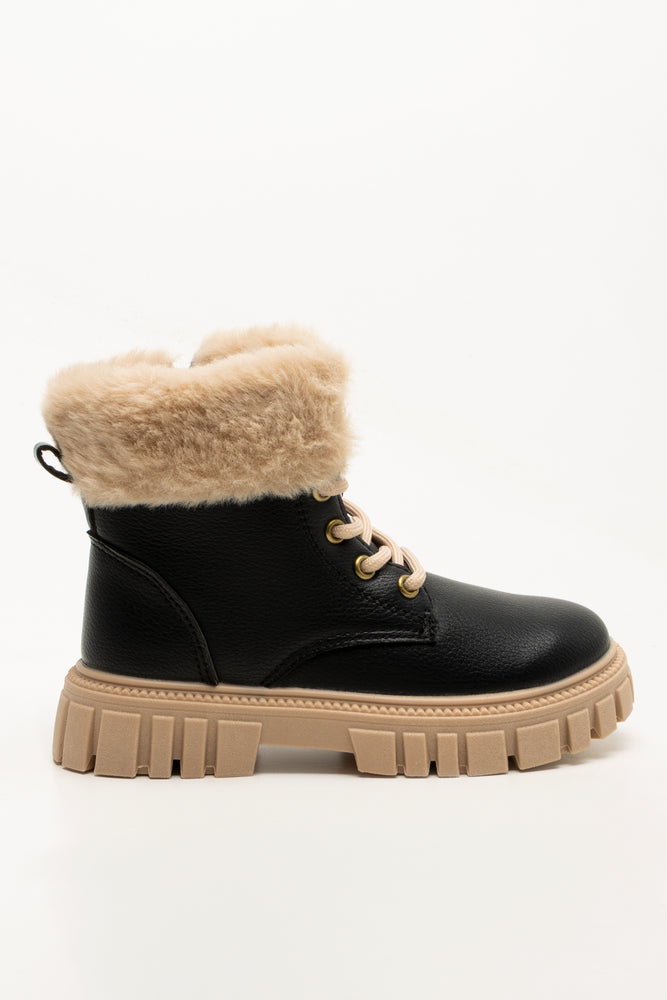 Fur Trim Lace Up Boot Black (1)