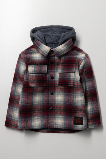 Check Melton Hooded Shacket Burgundy