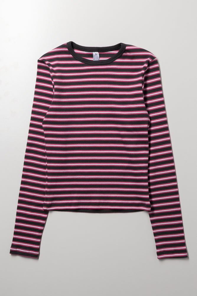 Stripe Rib Long Sleeve T-Shirt Burgundy