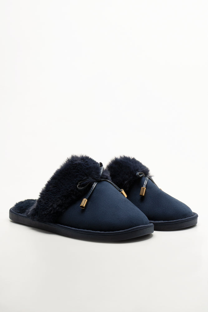 Bow Fur Slippers Navy