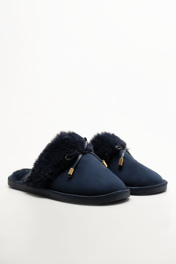 Bow Fur Slippers Navy