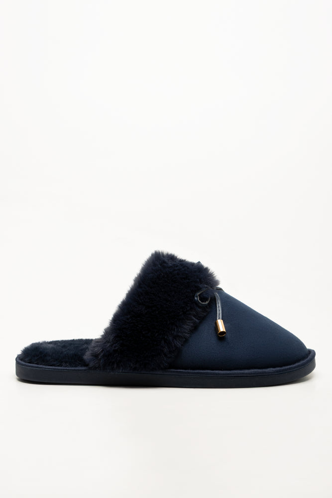 Bow Fur Slippers Navy (1)