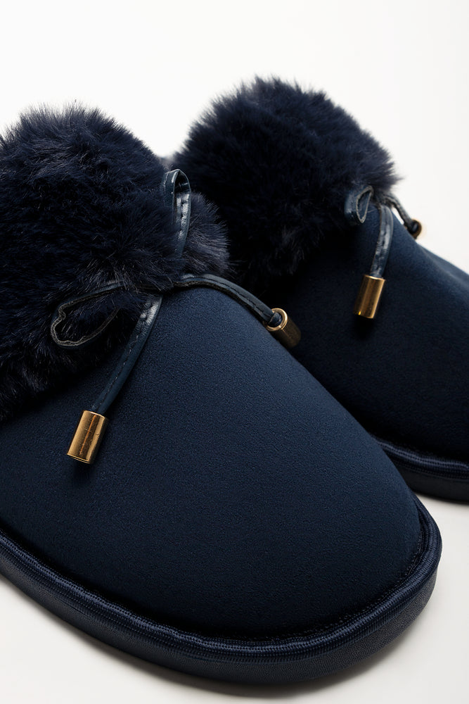 Bow Fur Slippers Navy (2)