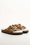 Fur Lined Double Buckle Sandals Tan