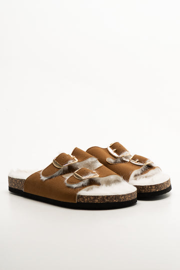 Fur Lined Double Buckle Sandals Tan