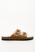 Fur Lined Double Buckle Sandals Tan (1)